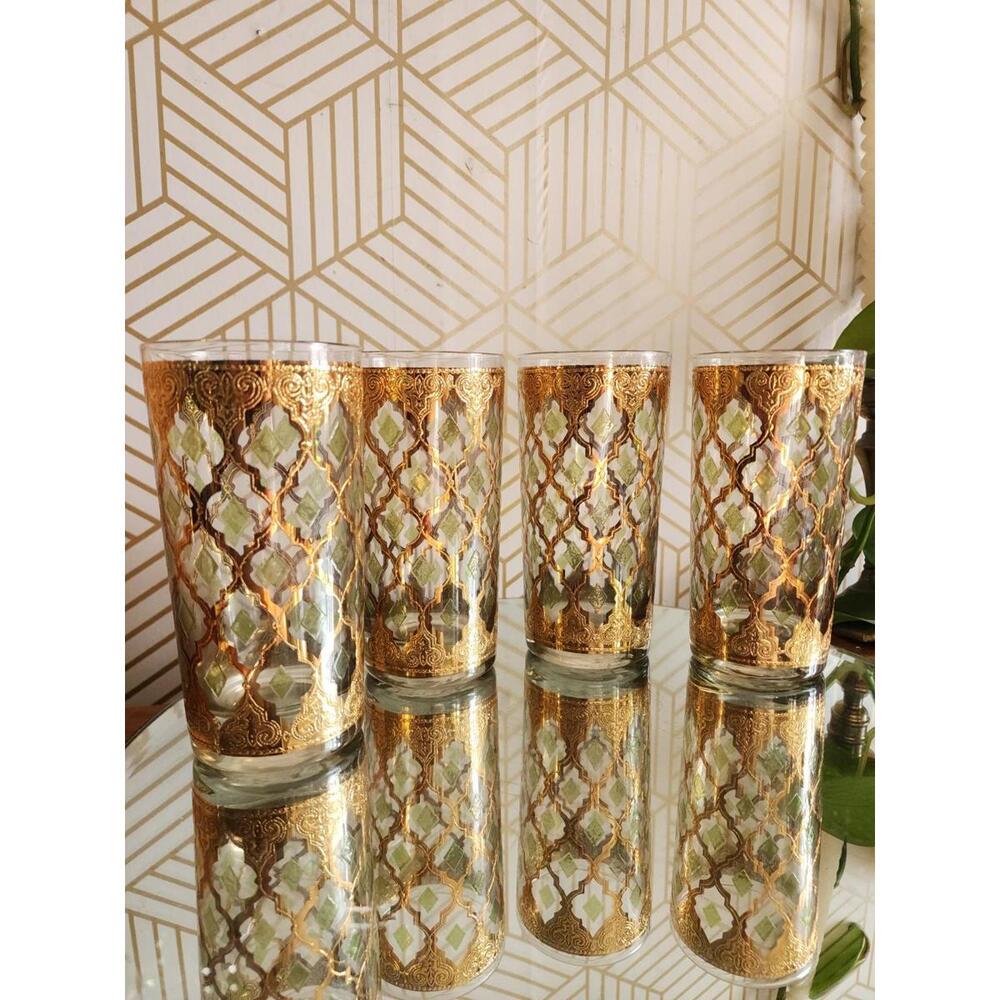 Vintage Culver MCM Valencia 5.5" 22k Gold Green DIamond Highball Glass Tumblers